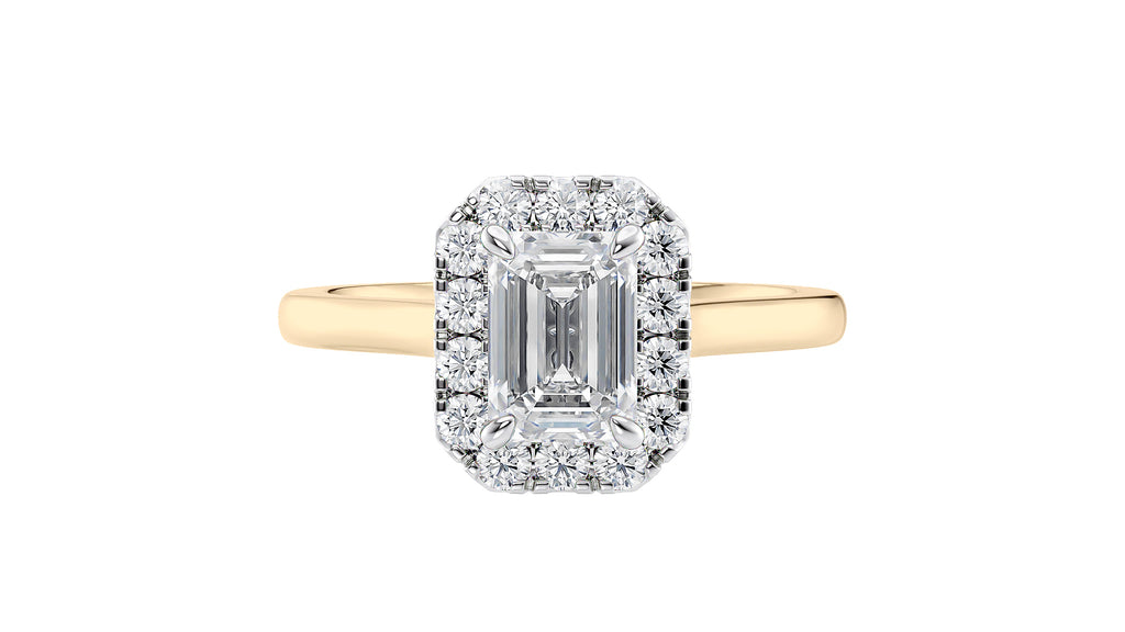 Emerald Cut Halo Plain Band Diamond Engagement Ring