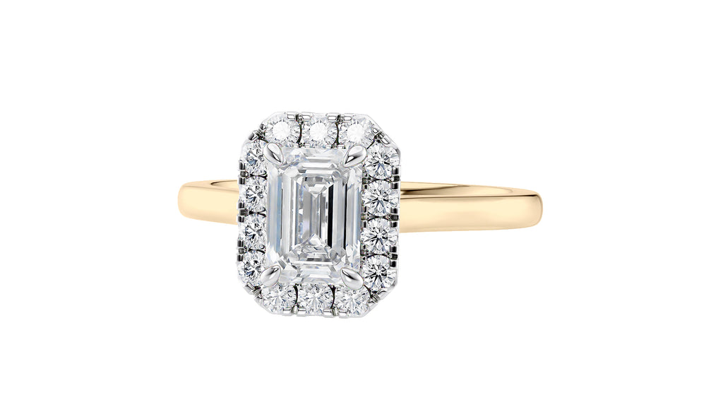 Emerald Cut Halo Plain Band Diamond Engagement Ring