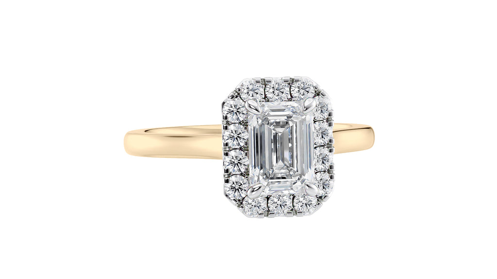 Emerald Cut Halo Plain Band Diamond Engagement Ring