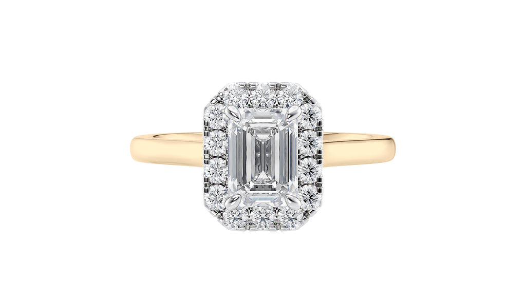 Emerald Cut Halo Plain Band Diamond Engagement Ring