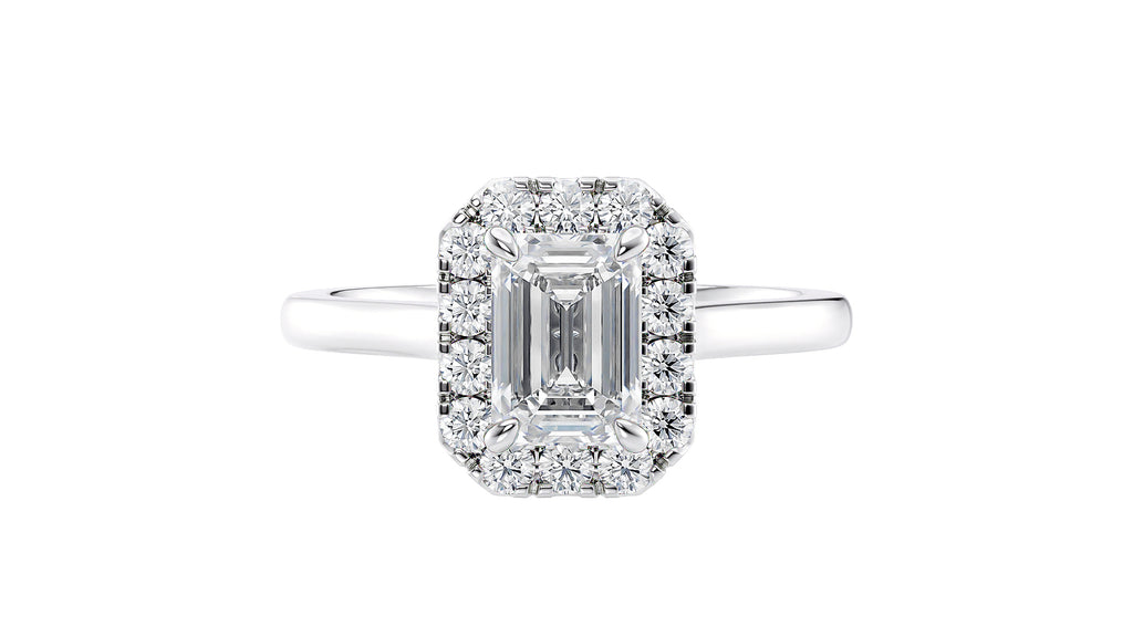 Emerald Cut Halo Plain Band Diamond Engagement Ring