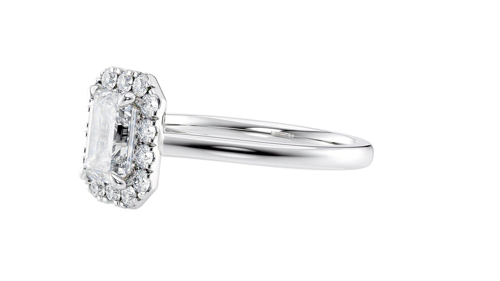 Emerald Cut Halo Plain Band Diamond Engagement Ring