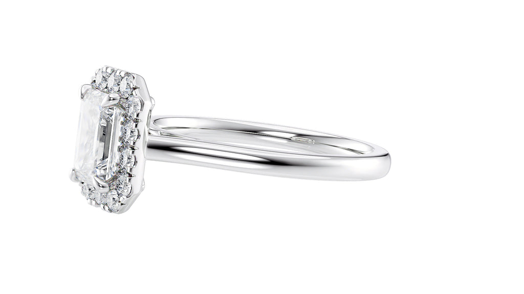 Emerald Cut Halo Plain Band Diamond Engagement Ring