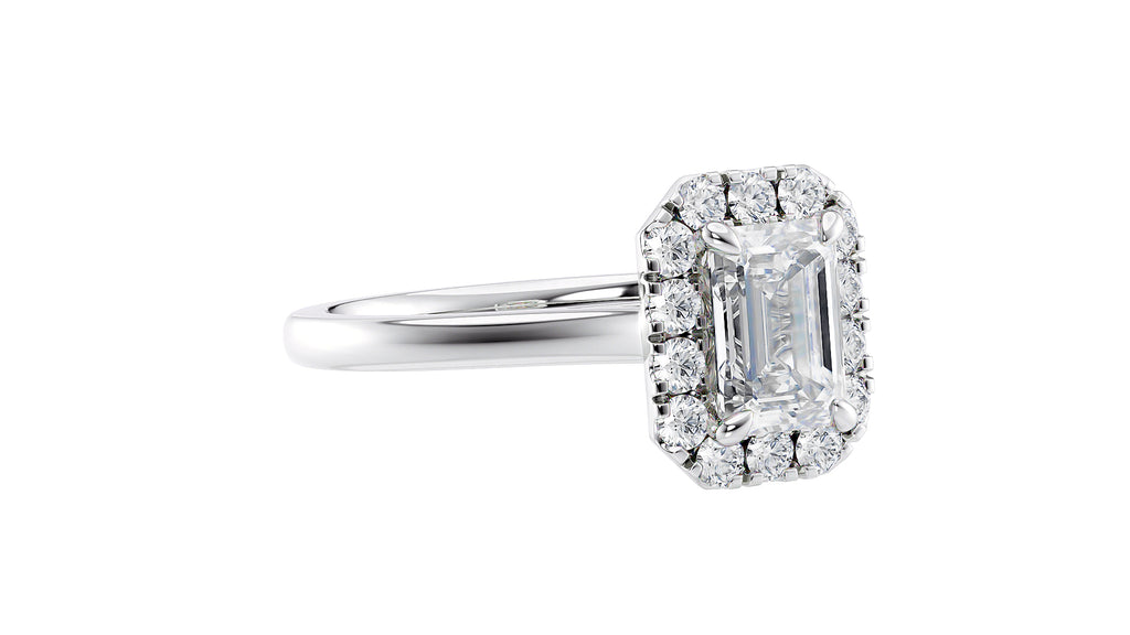 Emerald Cut Halo Plain Band Diamond Engagement Ring