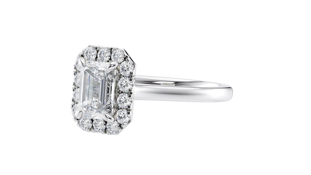 Emerald Cut Halo Plain Band Diamond Engagement Ring
