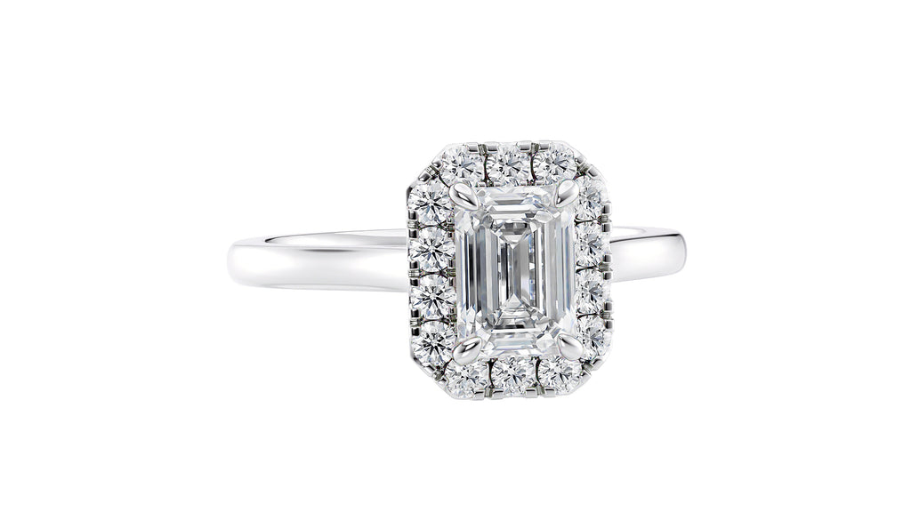 Emerald Cut Halo Plain Band Diamond Engagement Ring