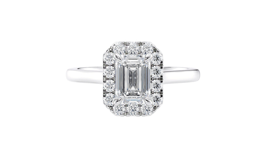 Emerald Cut Halo Plain Band Diamond Engagement Ring