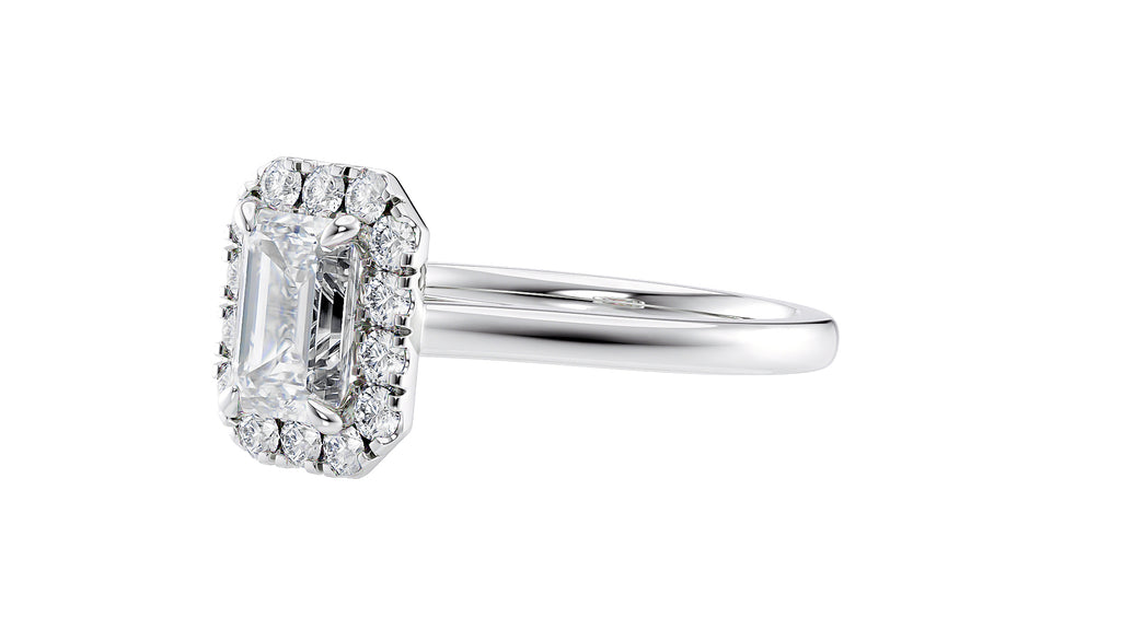Emerald Cut Halo Plain Band Diamond Engagement Ring