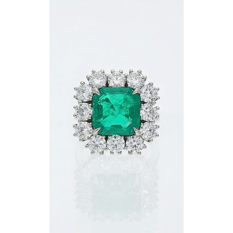 Asscher Cut Emerald &amp; Diamond Cluster Ring in Platinum