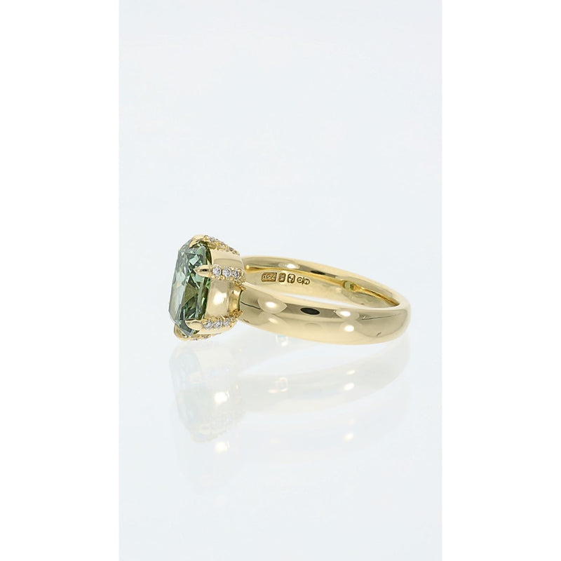 Green Cushion Cut Diamond Ring in 18ct Gold with Diamond Accents