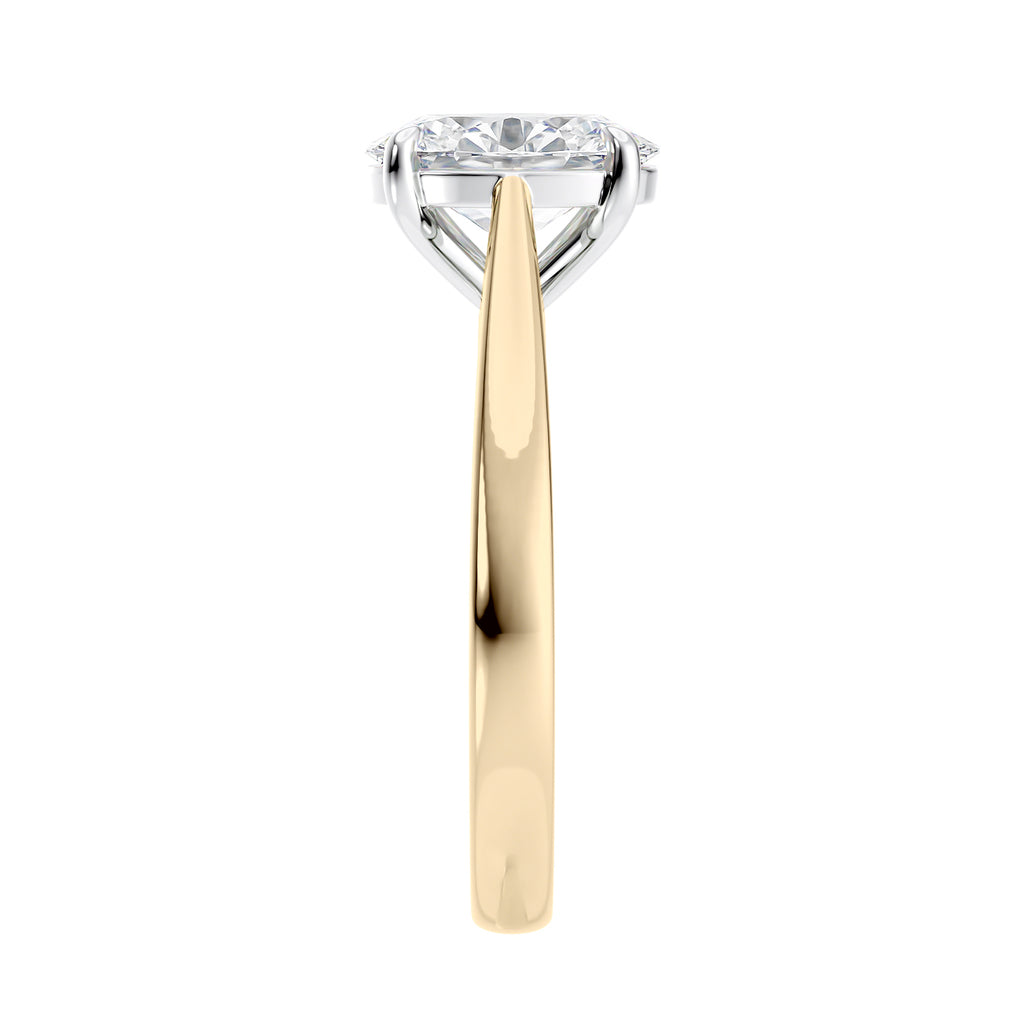 Lab grown oval cut diamond engagement ring with tapered band gold end view.