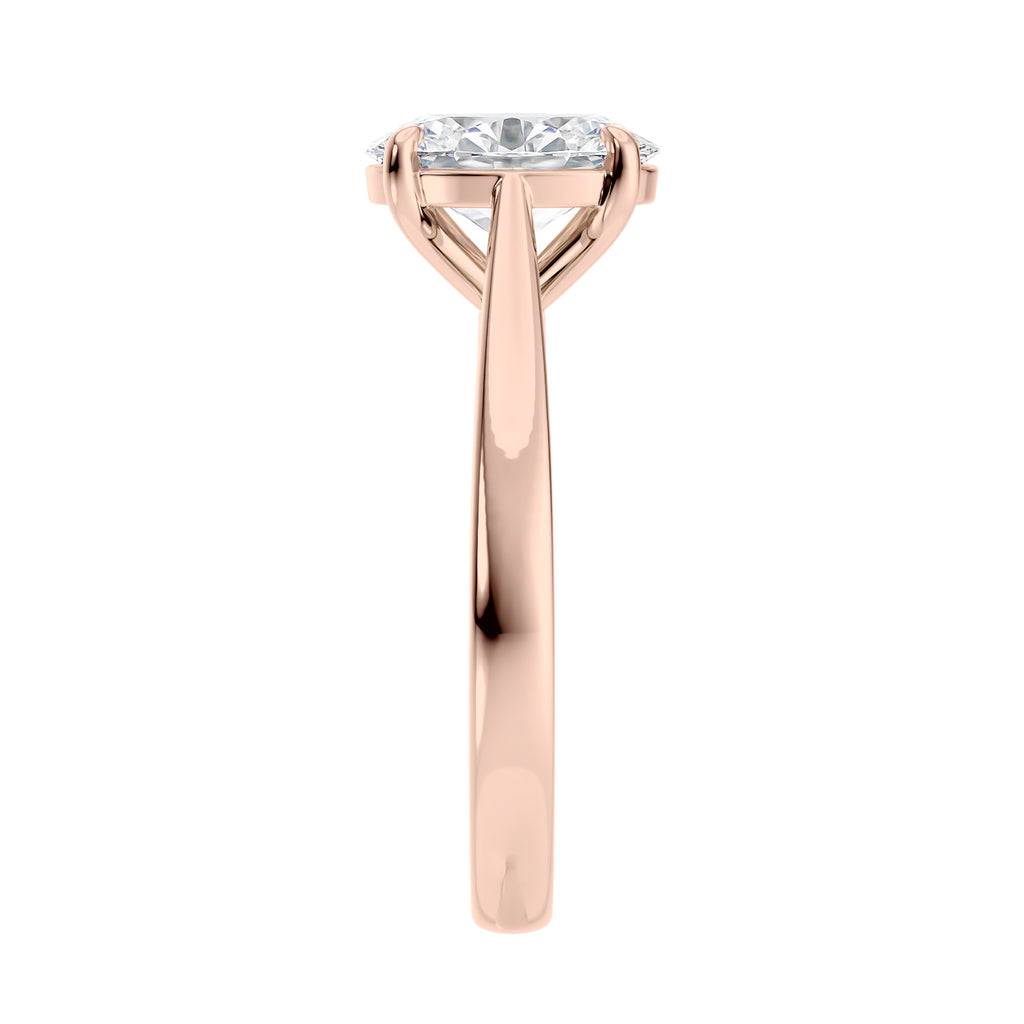 Lab grown oval cut diamond engagement ring with tapered band rose gold end view.
