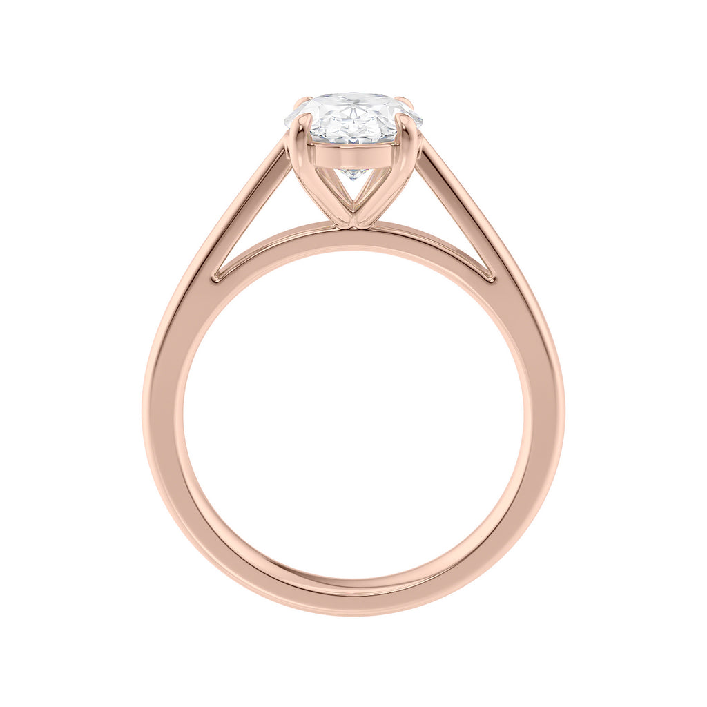 Lab grown oval cut diamond engagement ring with tapered band rose gold side view.
