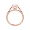 Lab grown oval cut diamond engagement ring with tapered band rose gold side view.