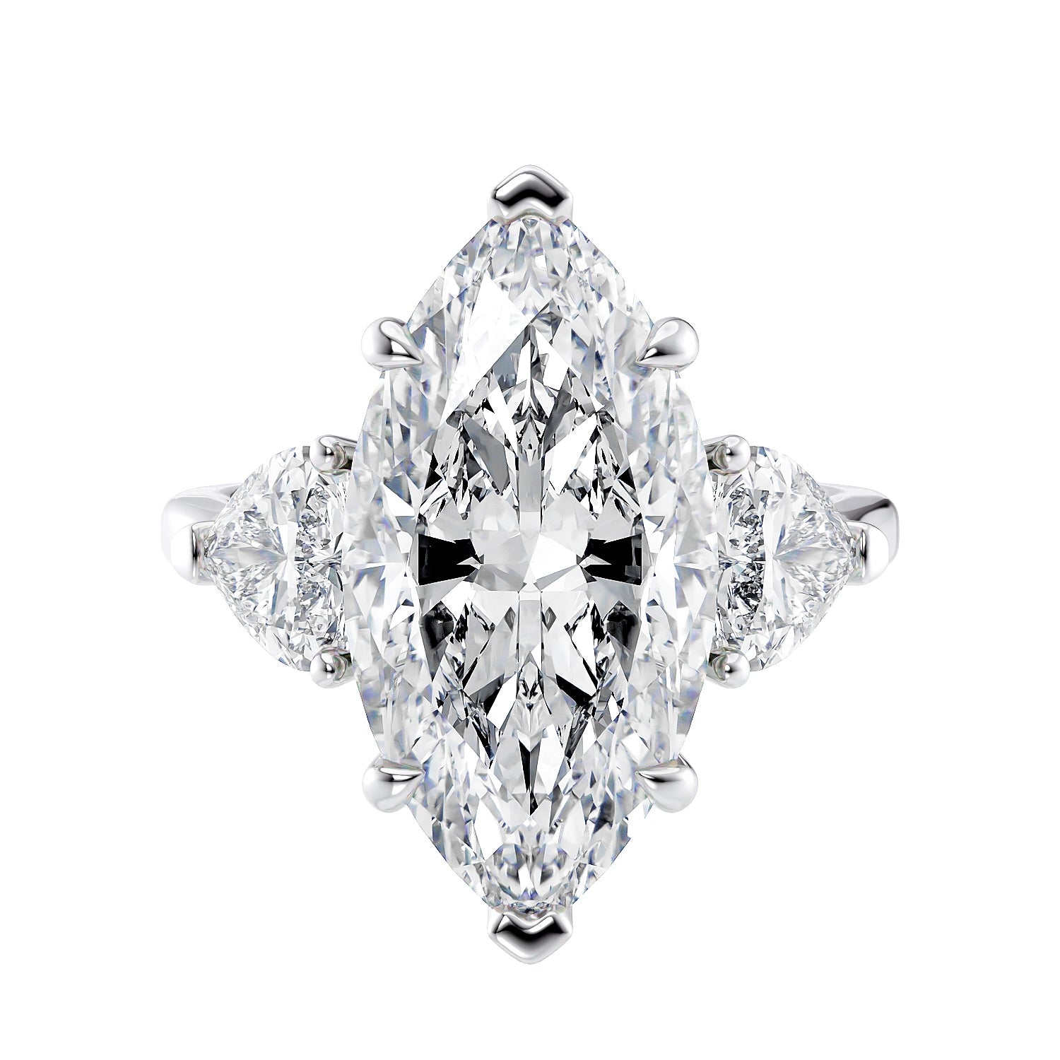 Marquise shaped diamond ring on a white background.