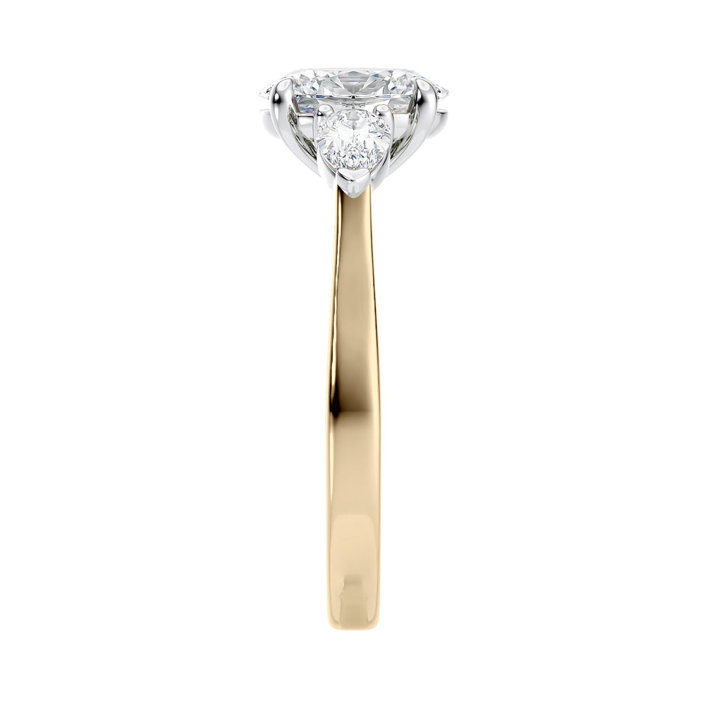 Lab grown diamond Oval trilogy with pear cut sides 18ct gold end view.