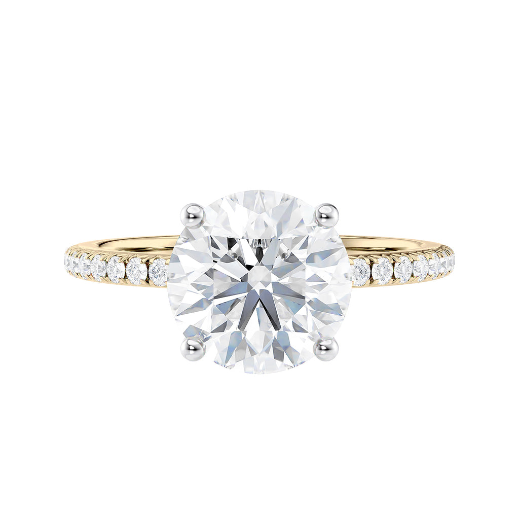 Brilliant cut lab grown diamond solitaire engagement ring with slim diamond set band 18 carat gold front view.