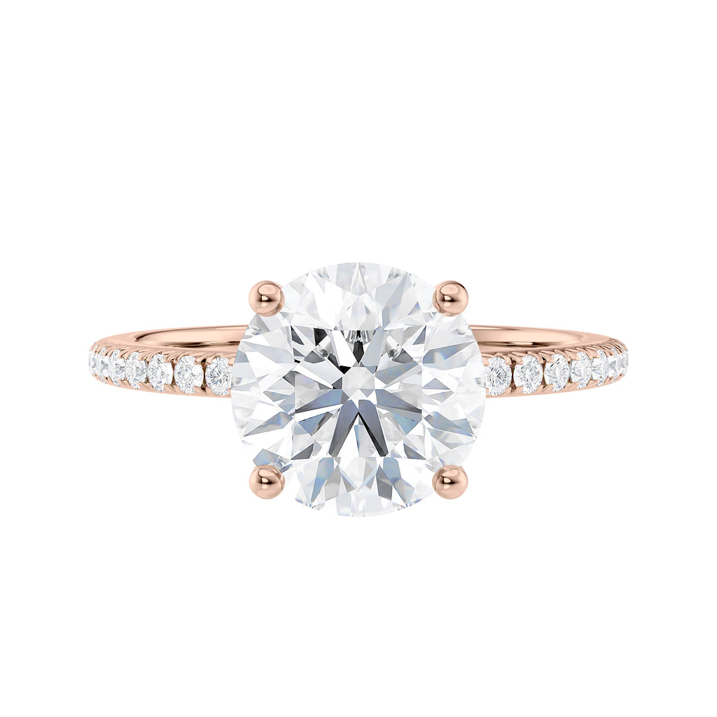 Brilliant cut lab grown diamond solitaire engagement ring with slim diamond set band 18 carat rose gold front view.