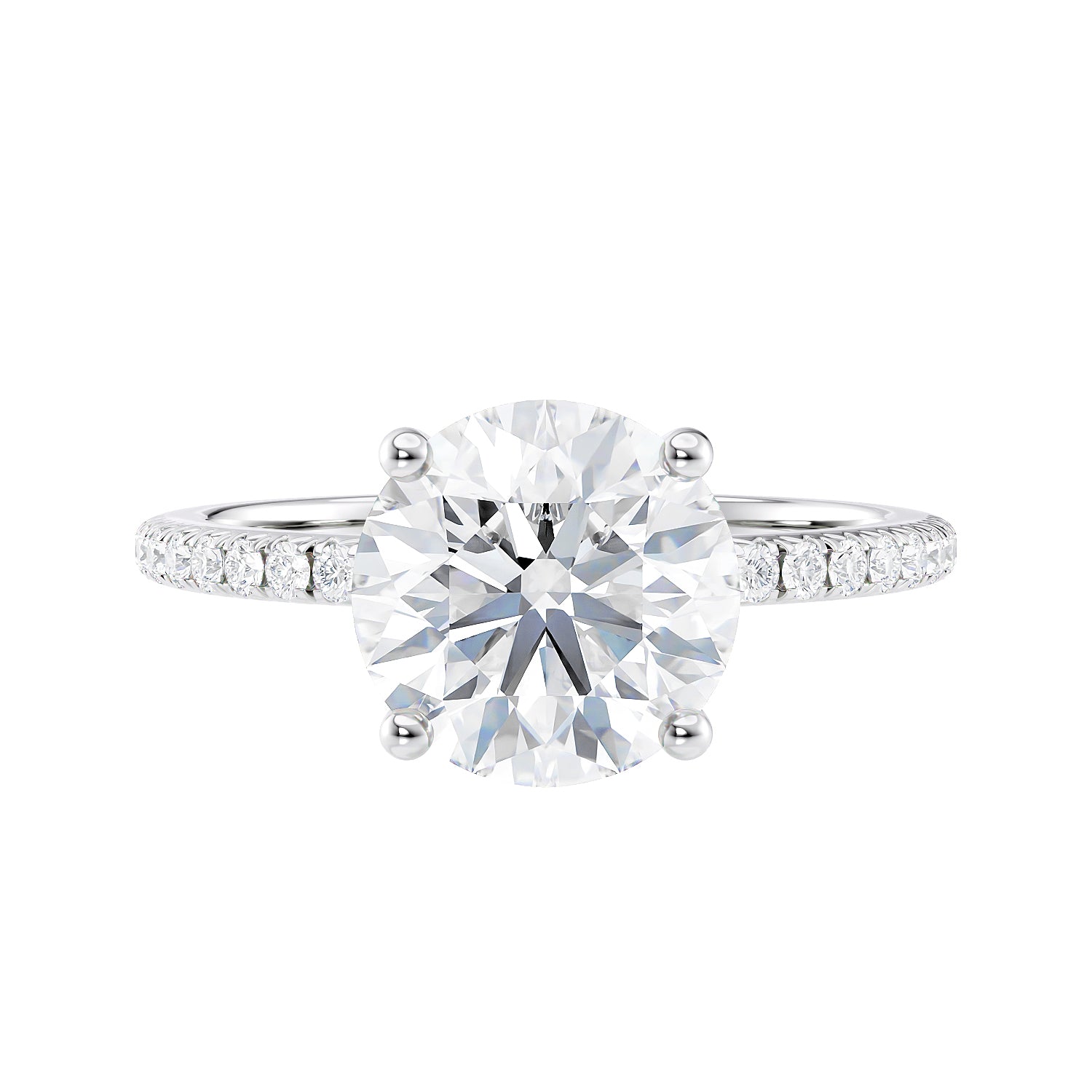 Brilliant cut lab grown diamond solitaire engagement ring with slim diamond set band white gold front view.