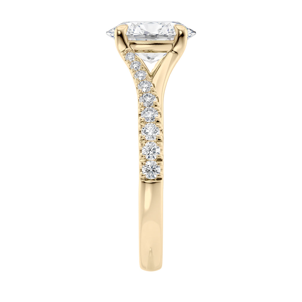 Oval solitaire lab grown diamond engagement ring with half set split band 18ct gold end view.