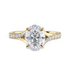 Oval solitaire lab grown diamond engagement ring with half set split band 18ct gold front view.
