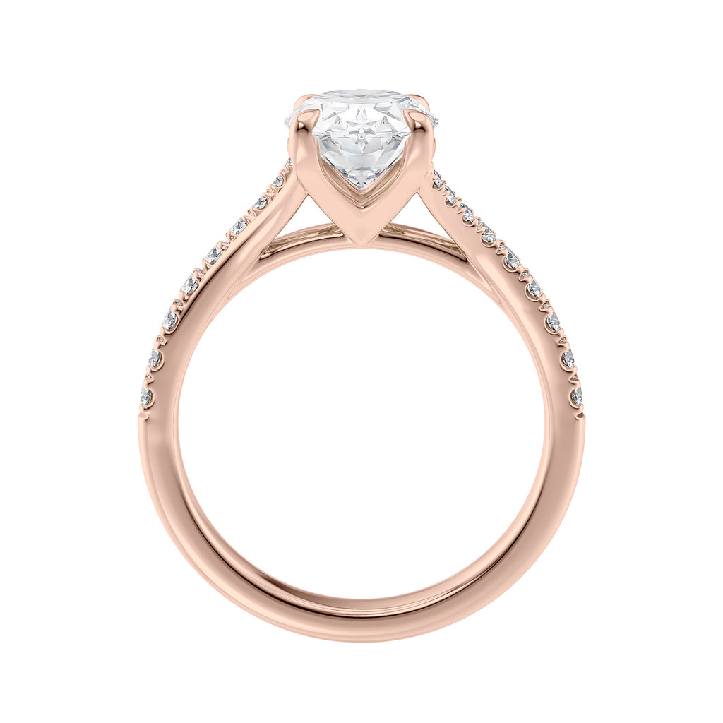 Oval solitaire lab grown diamond engagement ring with half set split band 18ct rose gold side view.