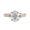 Oval solitaire lab grown diamond engagement ring with half set split band 18ct rose gold front view.