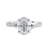 Oval solitaire lab grown diamond engagement ring with half set split band white gold front view.