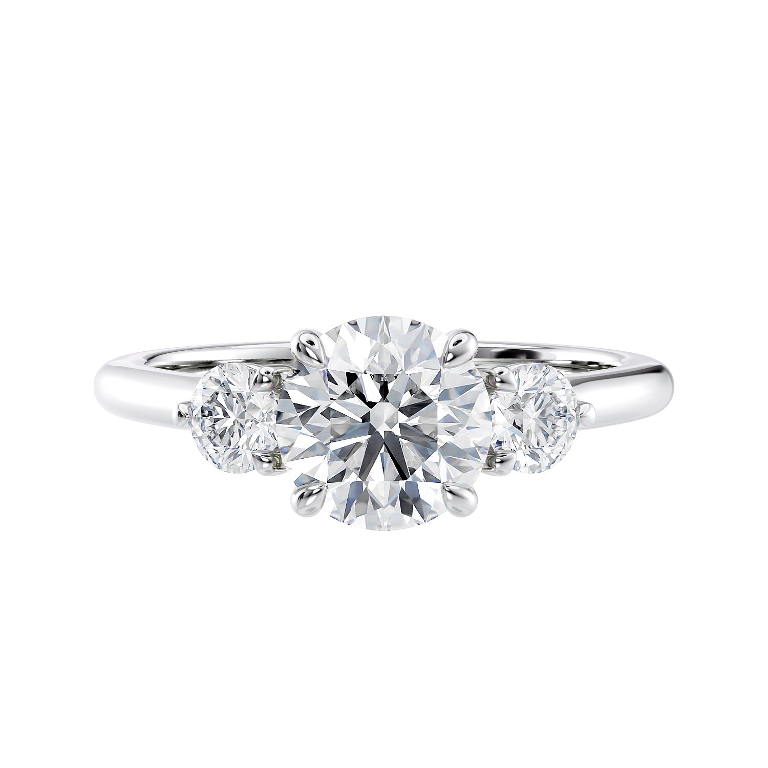 Lab grown diamond 3 stone engagement ring with small side diamonds white gold front view.