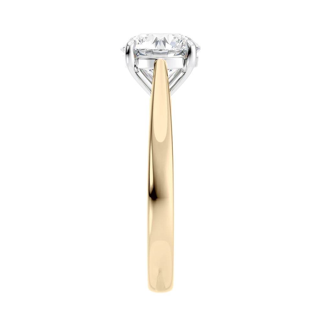 Round cut diamond solitaire engagement ring gold end view.