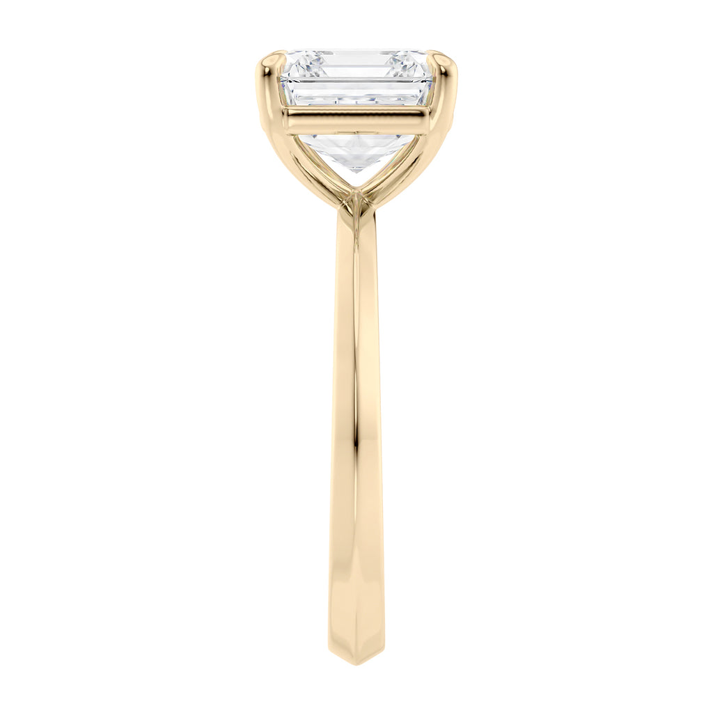 Asscher cut solitaire diamond engagement ring gold end view.