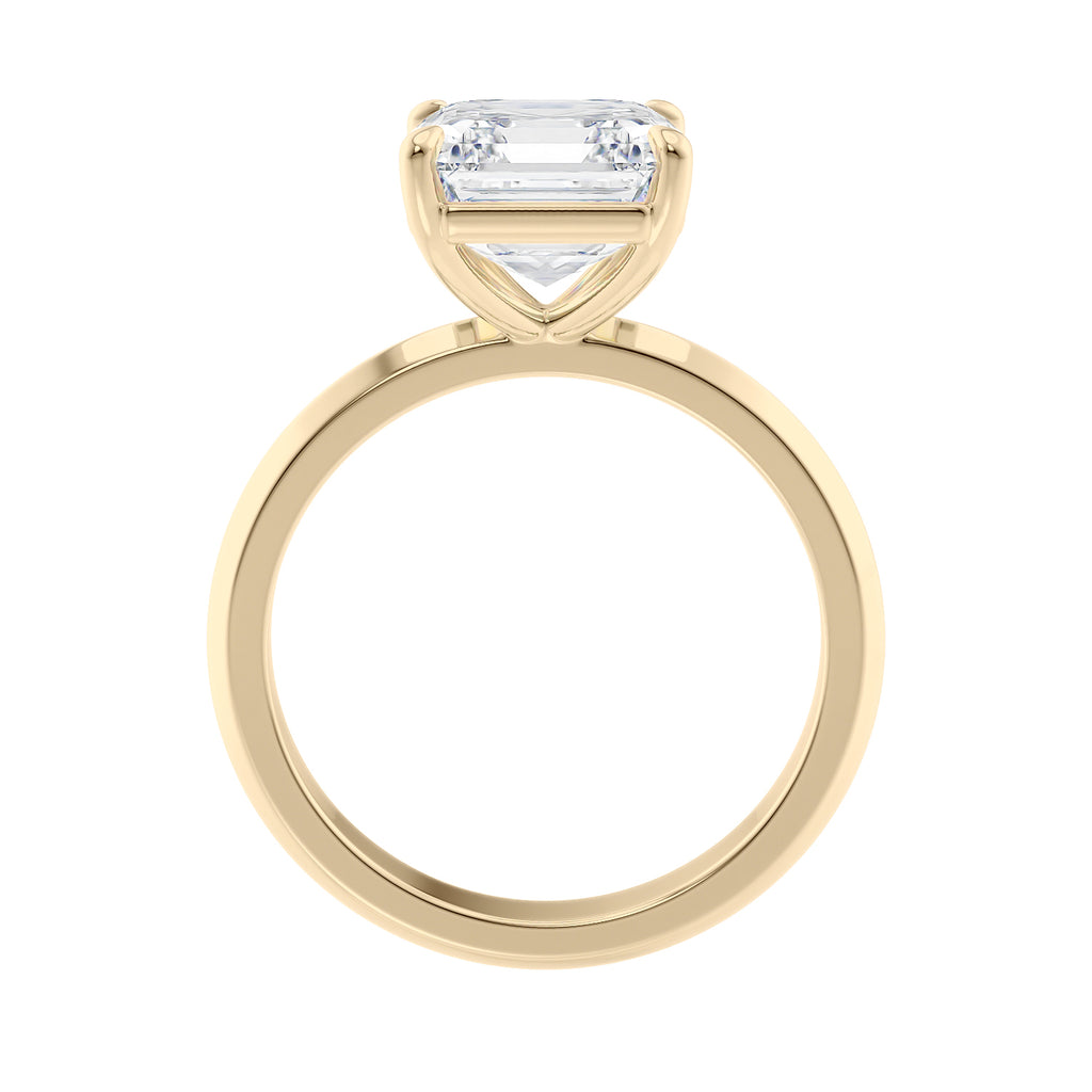 Asscher cut solitaire diamond engagement ring gold side view.
