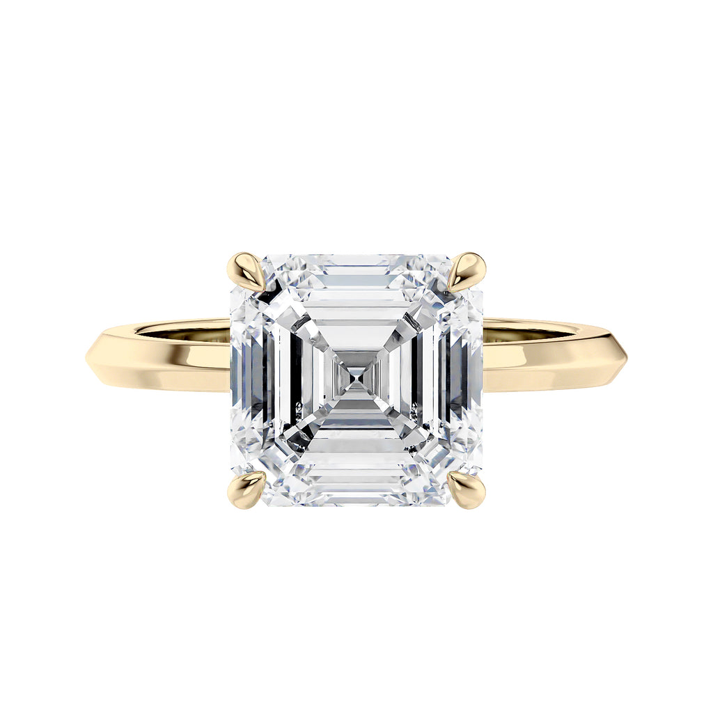 Asscher cut solitaire diamond engagement ring gold front view.