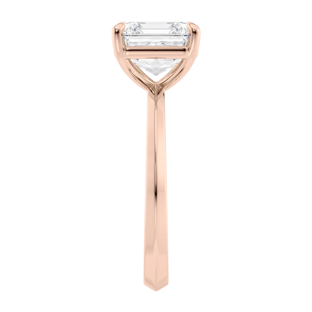 Asscher cut solitaire diamond engagement ring rose gold end view.