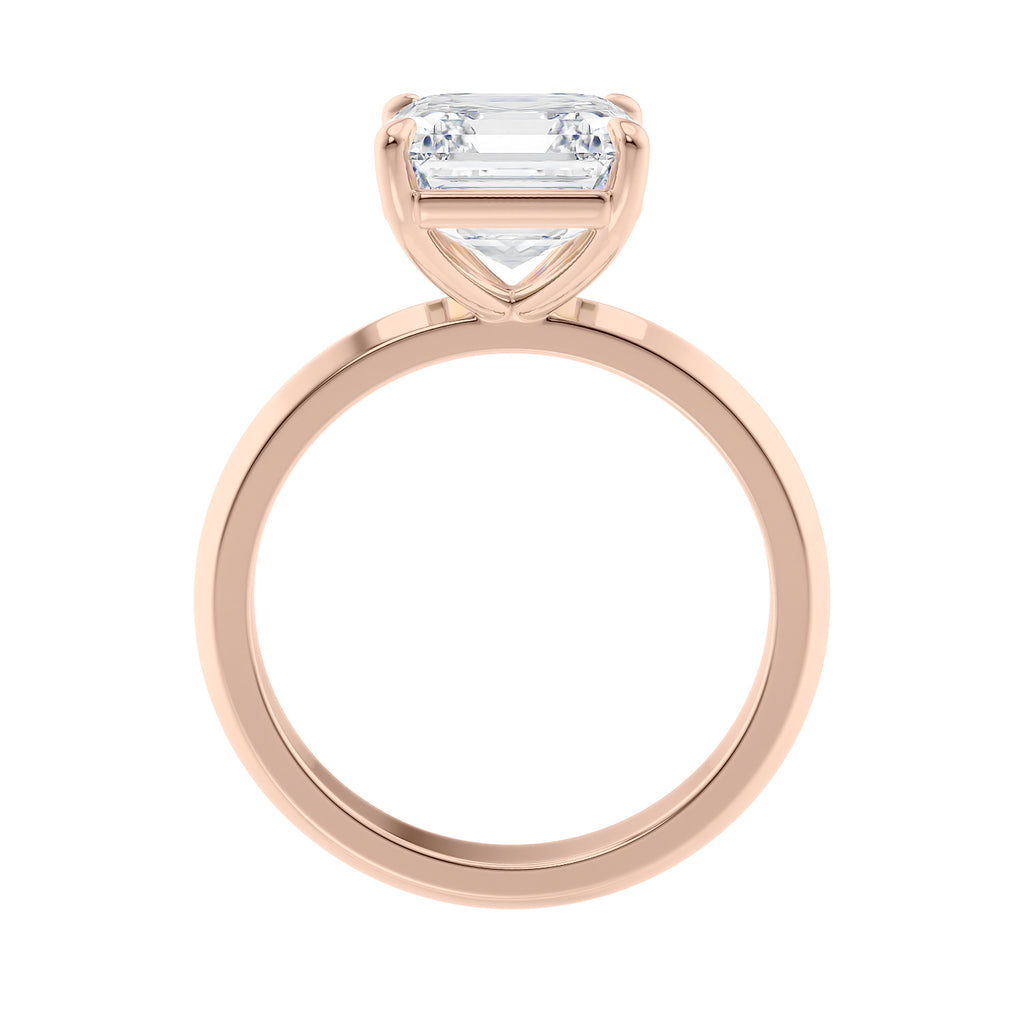 Asscher cut solitaire diamond engagement ring rose gold side view.