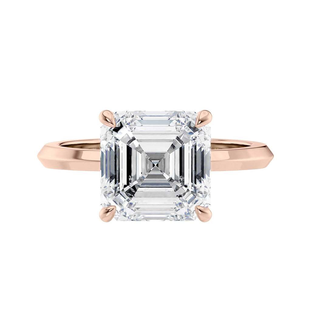 Asscher cut solitaire diamond engagement ring rose gold front view.