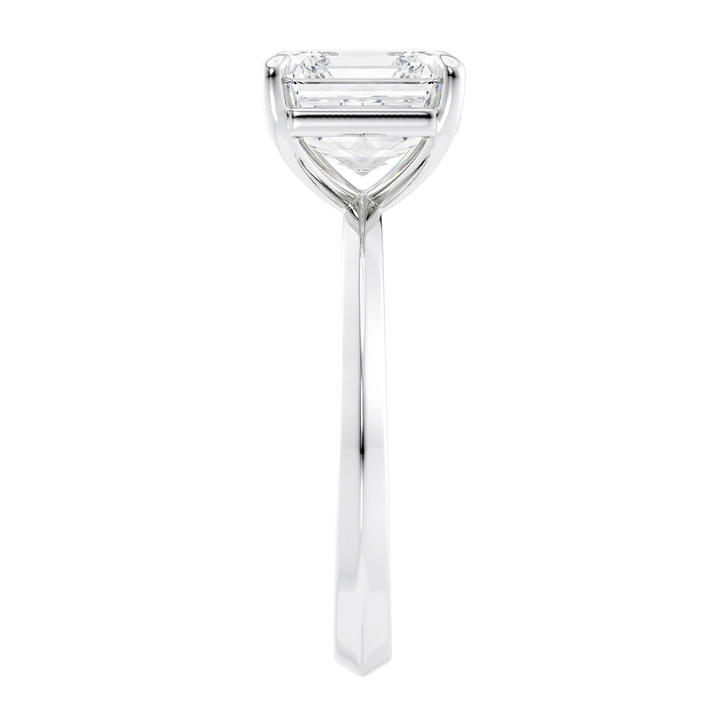 Asscher cut solitaire diamond engagement ring white gold end view.