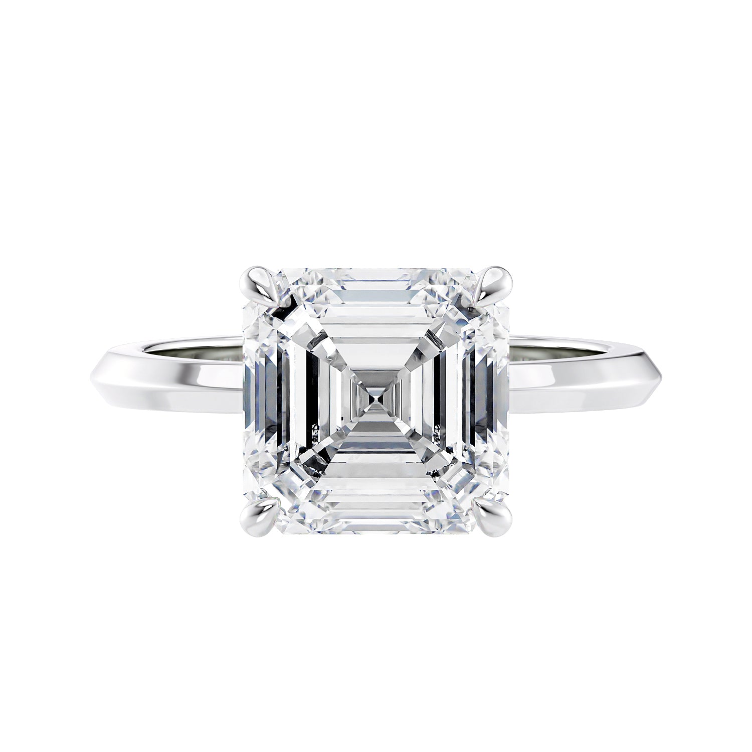 Asscher cut solitaire diamond engagement ring white gold front view.