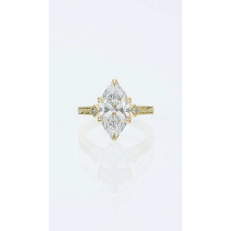 Marquise cut lab grown diamond engagement ring 2.70ct D VVS1 in carved 18ct yellow gold band