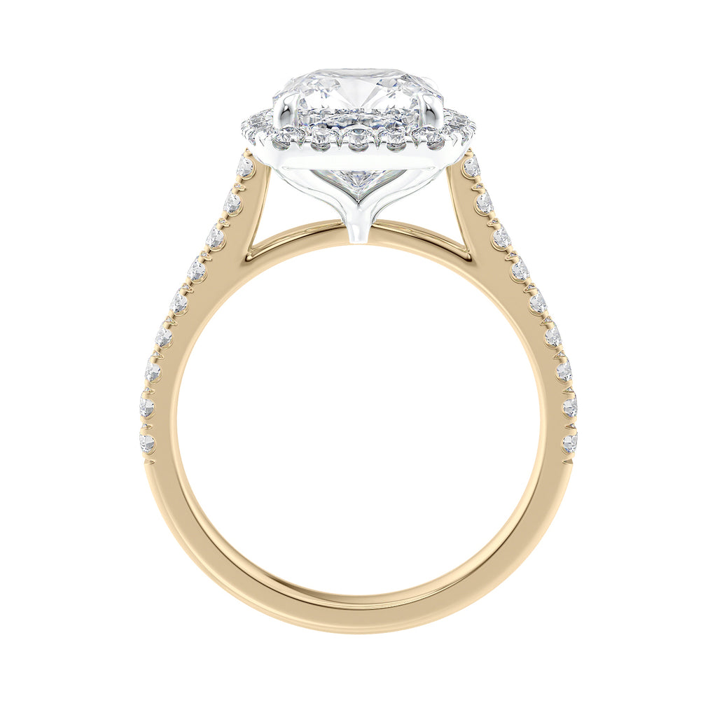 Cushion cut diamond halo style engagement ring 18ct gold side view.