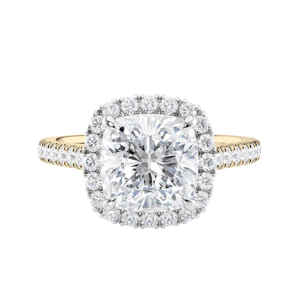 Cushion cut diamond halo style engagement ring 18ct gold front view.