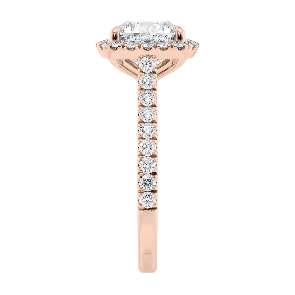 Cushion cut diamond halo style engagement ring 18ct rose gold end view.