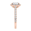Cushion cut diamond halo style engagement ring 18ct rose gold end view.