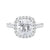 Cushion cut diamond halo style engagement ring white gold front view.