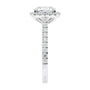 Cushion cut diamond halo style engagement ring white gold end view.