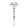 Cushion cut diamond halo style engagement ring white gold end view.