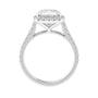 Cushion cut diamond halo style engagement ring white gold side view.