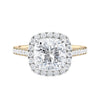 Cushion cut natural diamond halo style engagement ring 18ct gold front view.