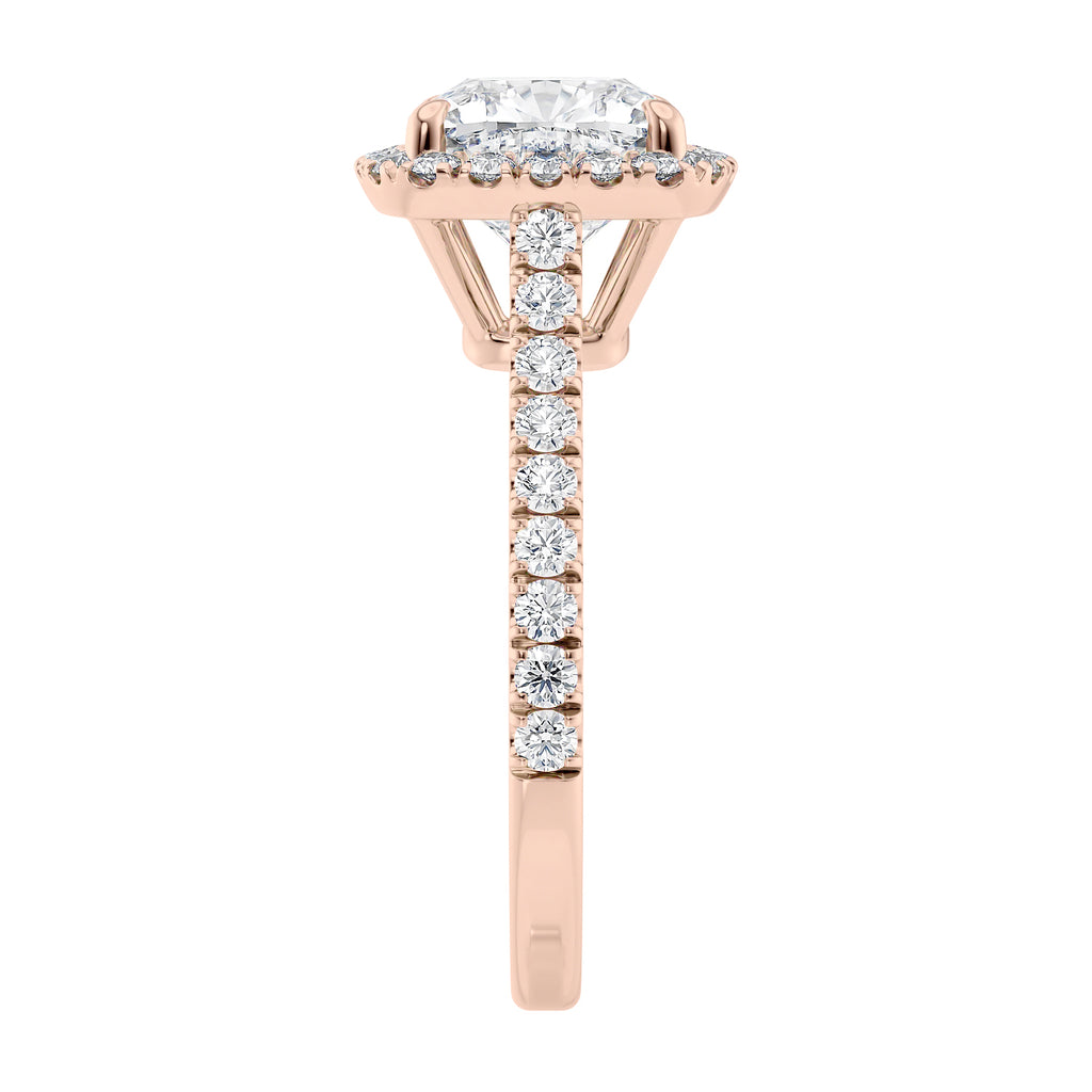 Cushion cut natural diamond halo style engagement ring rose gold end view.