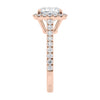 Cushion cut natural diamond halo style engagement ring rose gold end view.